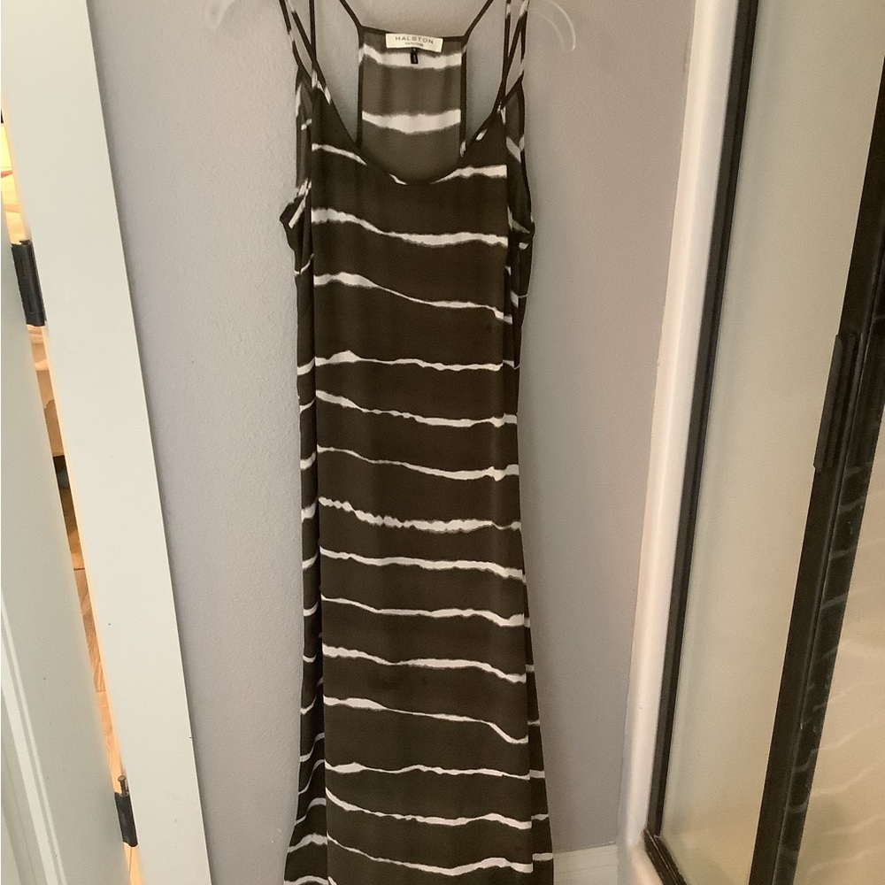 Elegant Halston Heritage brown & white striped Maxi dress.